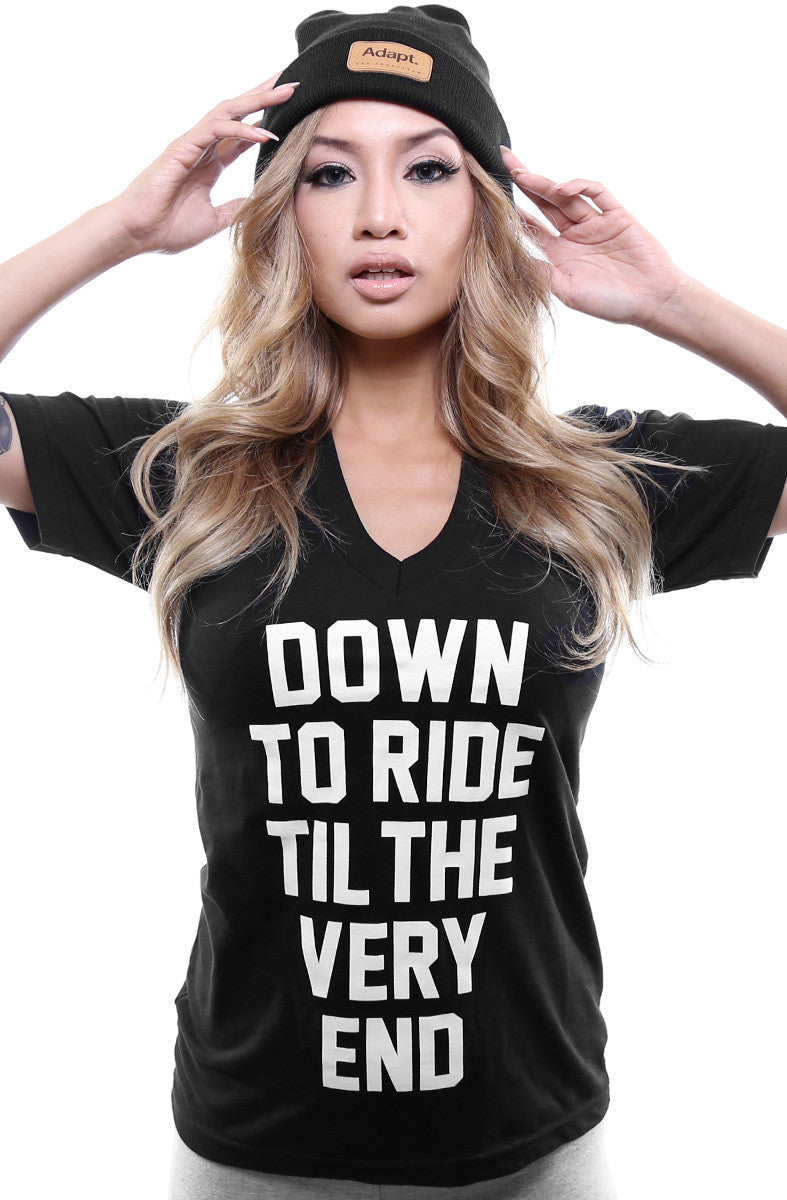 Breezy Excursion X Adapt :: Down To Ride (Bonnie) (Women's Black V-Neck)