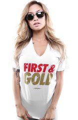 First and Gold (Women's White V-Neck)