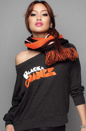 Black and Orange (Women's Dark Charcoal/Orange Wide-Neck Pullover)