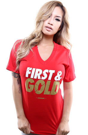 First and Gold (Women's Red V-Neck)