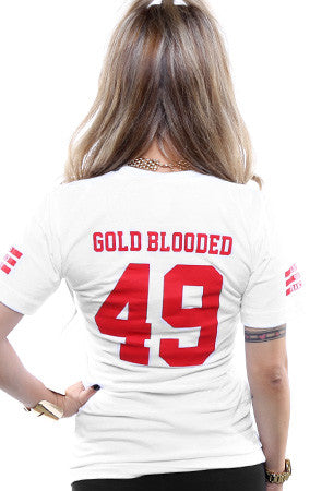 Gold Blooded Legends :: 49 (Women's White V-Neck)